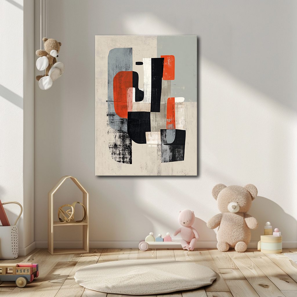 Mid-Century Red Black Abstract Shapes canvas wall art, unframed canvas