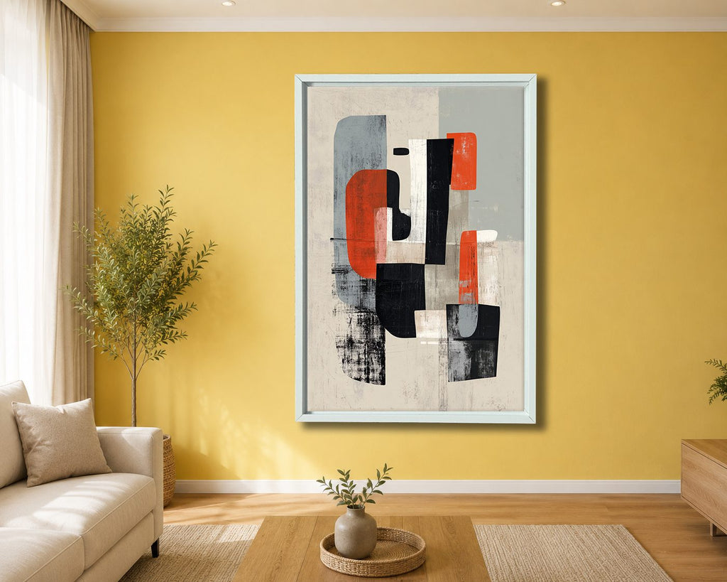 Mid-Century Red Black Abstract Shapes canvas wall art, white floating frame