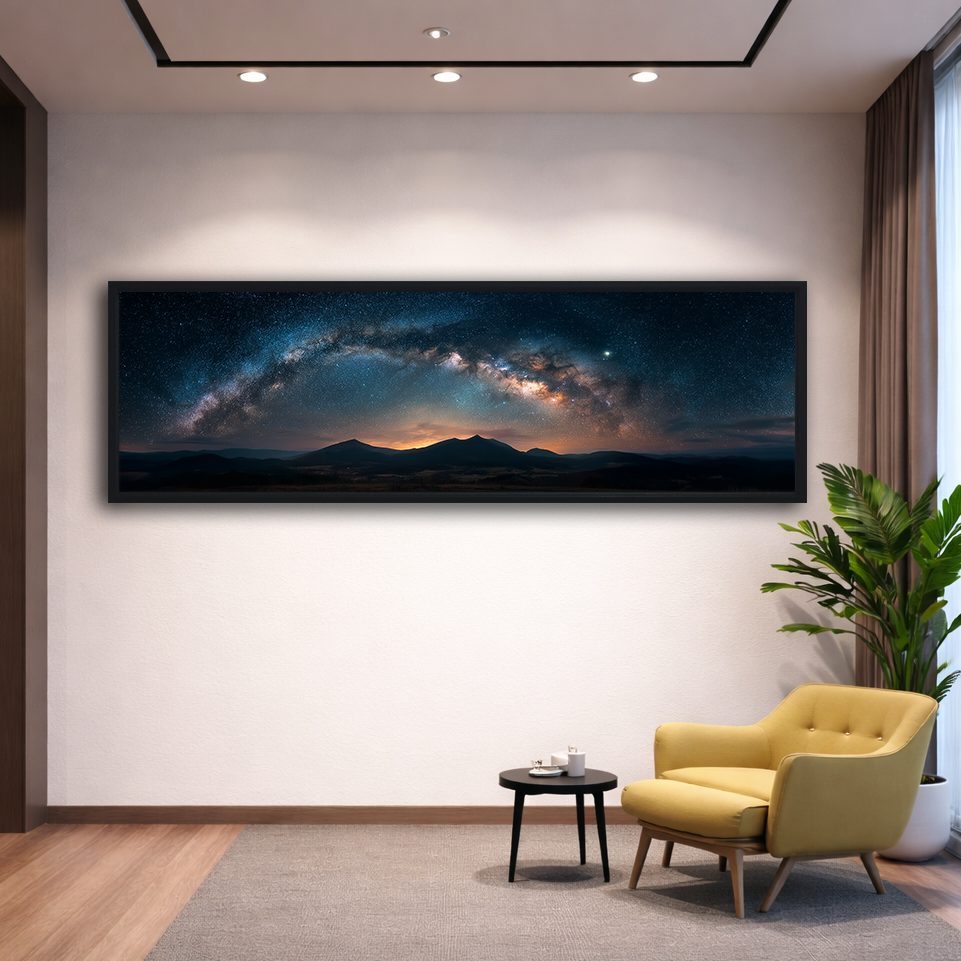 Milky Way Arch over Mountains canvas wall art, black floating frame