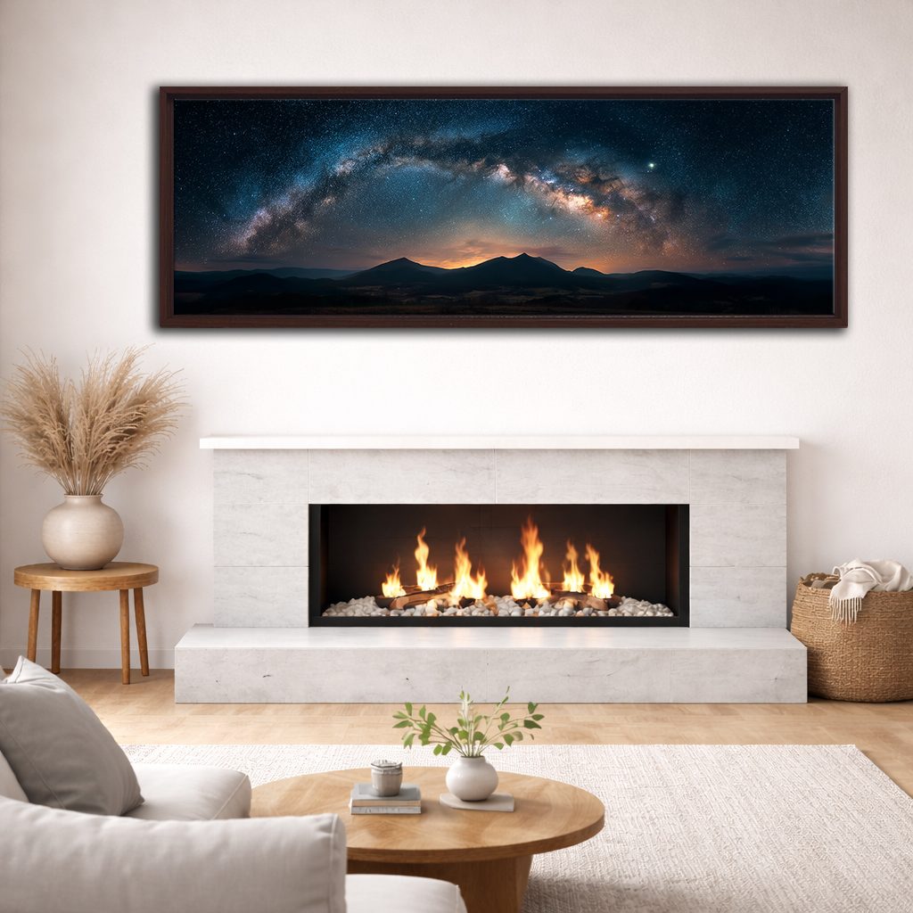 Milky Way Arch over Mountains canvas wall art, walnut floating frame
