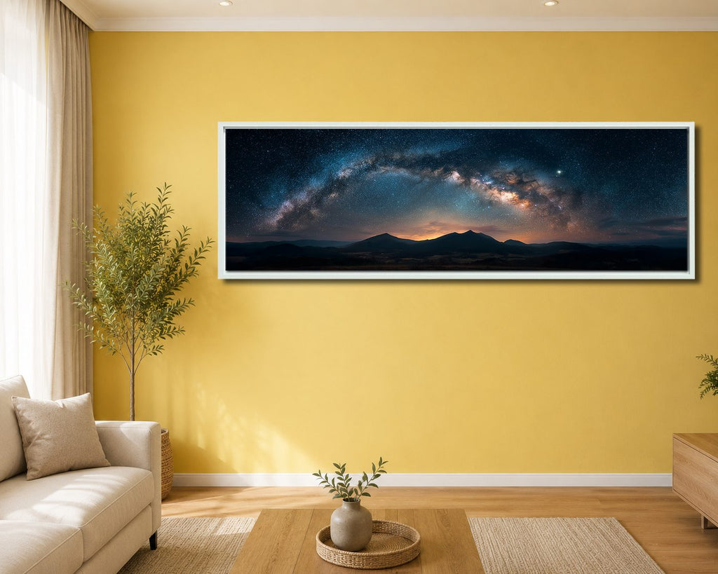 Milky Way Arch over Mountains canvas wall art, white floating frame