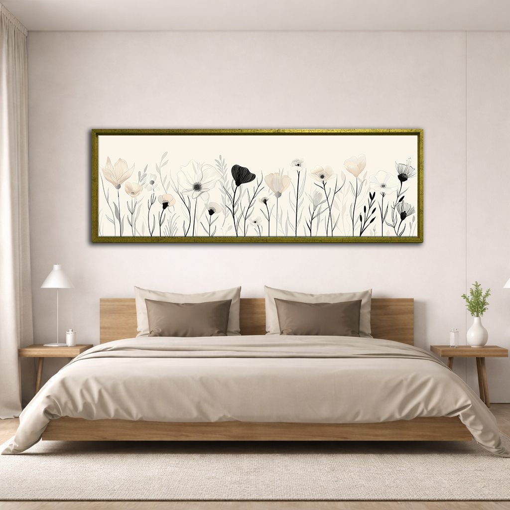 Minimalist Black and White Wildflowers canvas wall art, antique gold floating frame