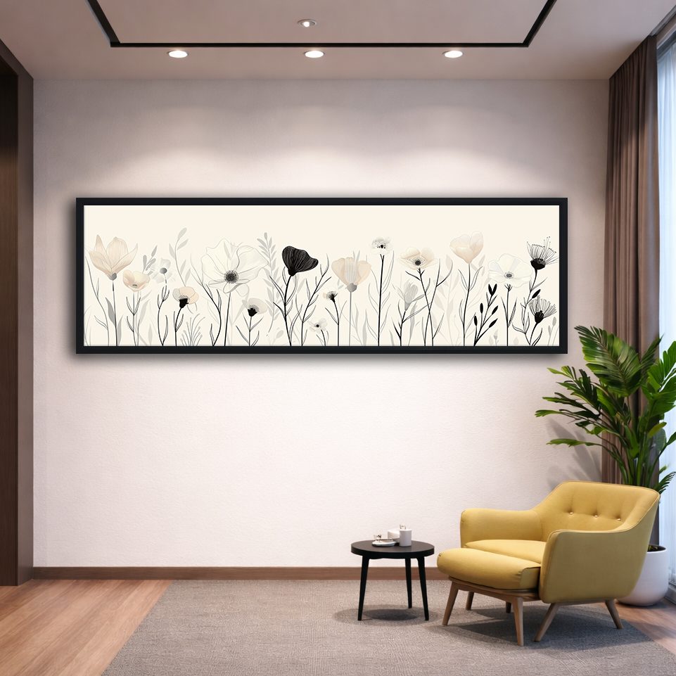 Minimalist Black and White Wildflowers canvas wall art, black floating frame