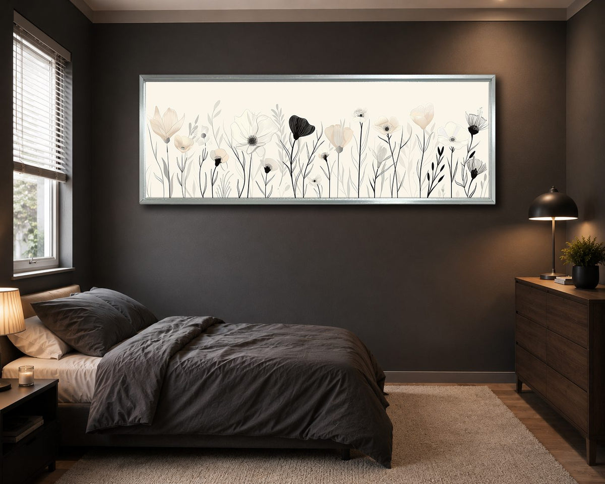 Minimalist Black and White Wildflowers canvas wall art, silver floating frame
