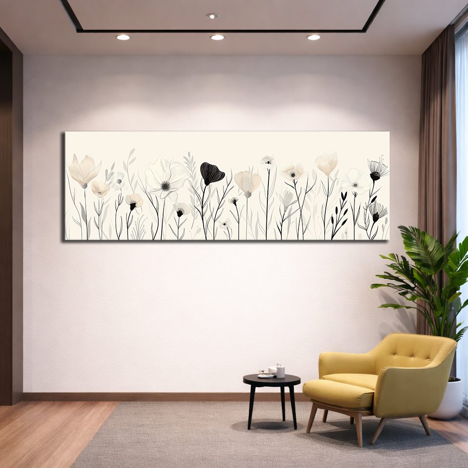 Minimalist Black and White Wildflowers canvas wall art, unframed canvas