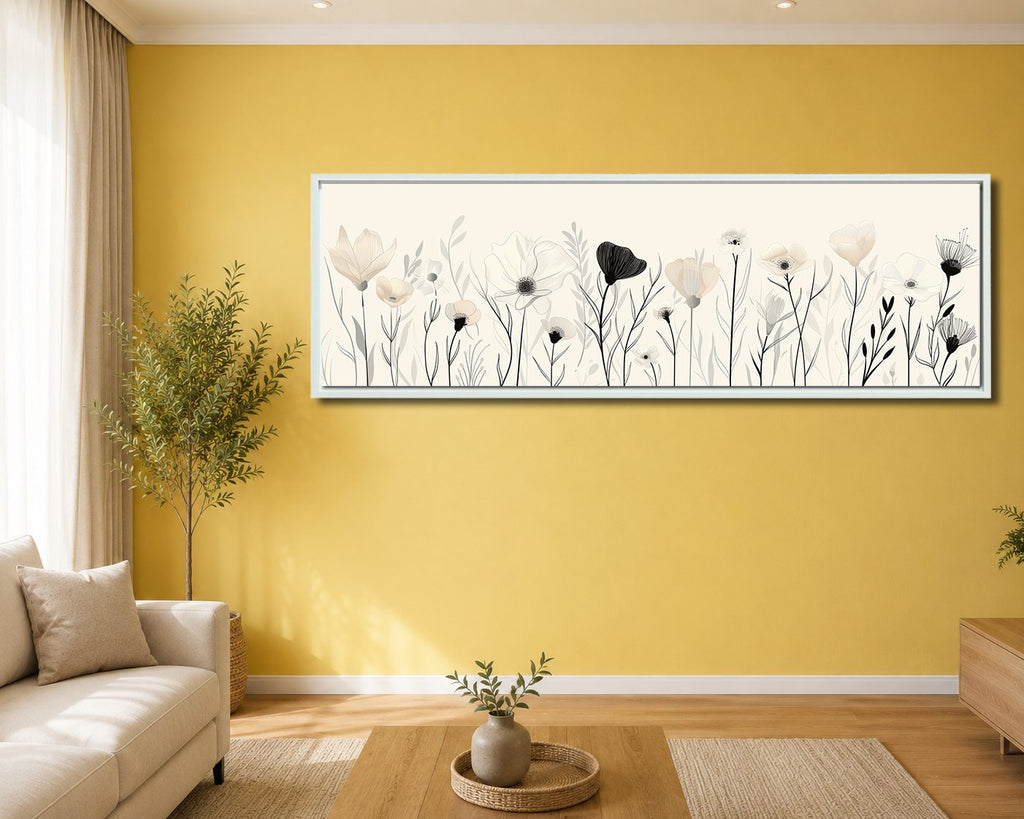 Minimalist Black and White Wildflowers canvas wall art, white floating frame