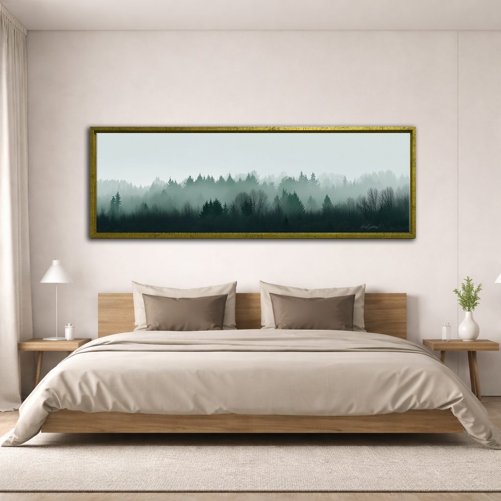 Misty Evergreen Treeline canvas wall art, antique gold floating frame