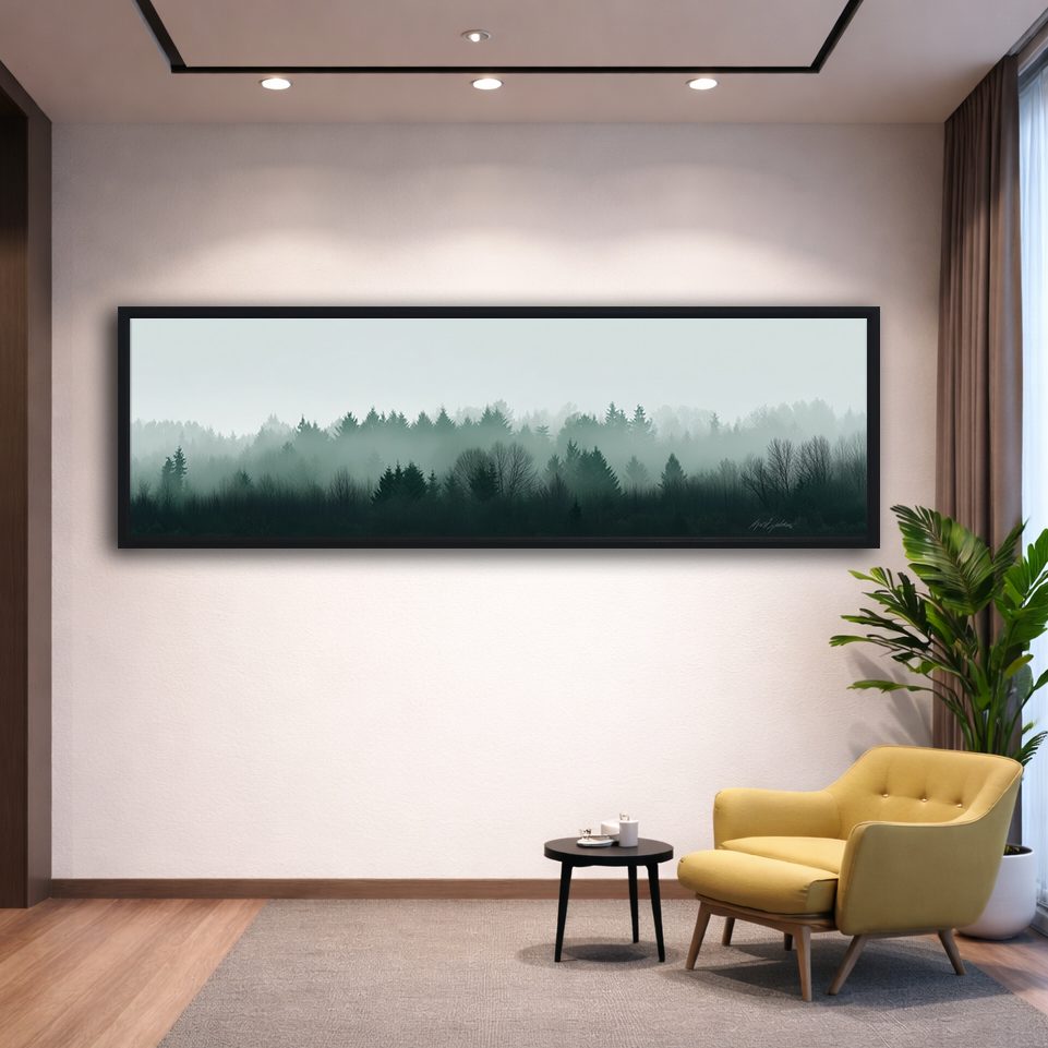 Misty Evergreen Treeline canvas wall art, black floating frame