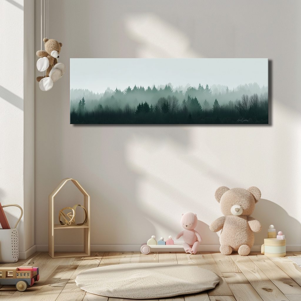Misty Evergreen Treeline canvas wall art, unframed canvas