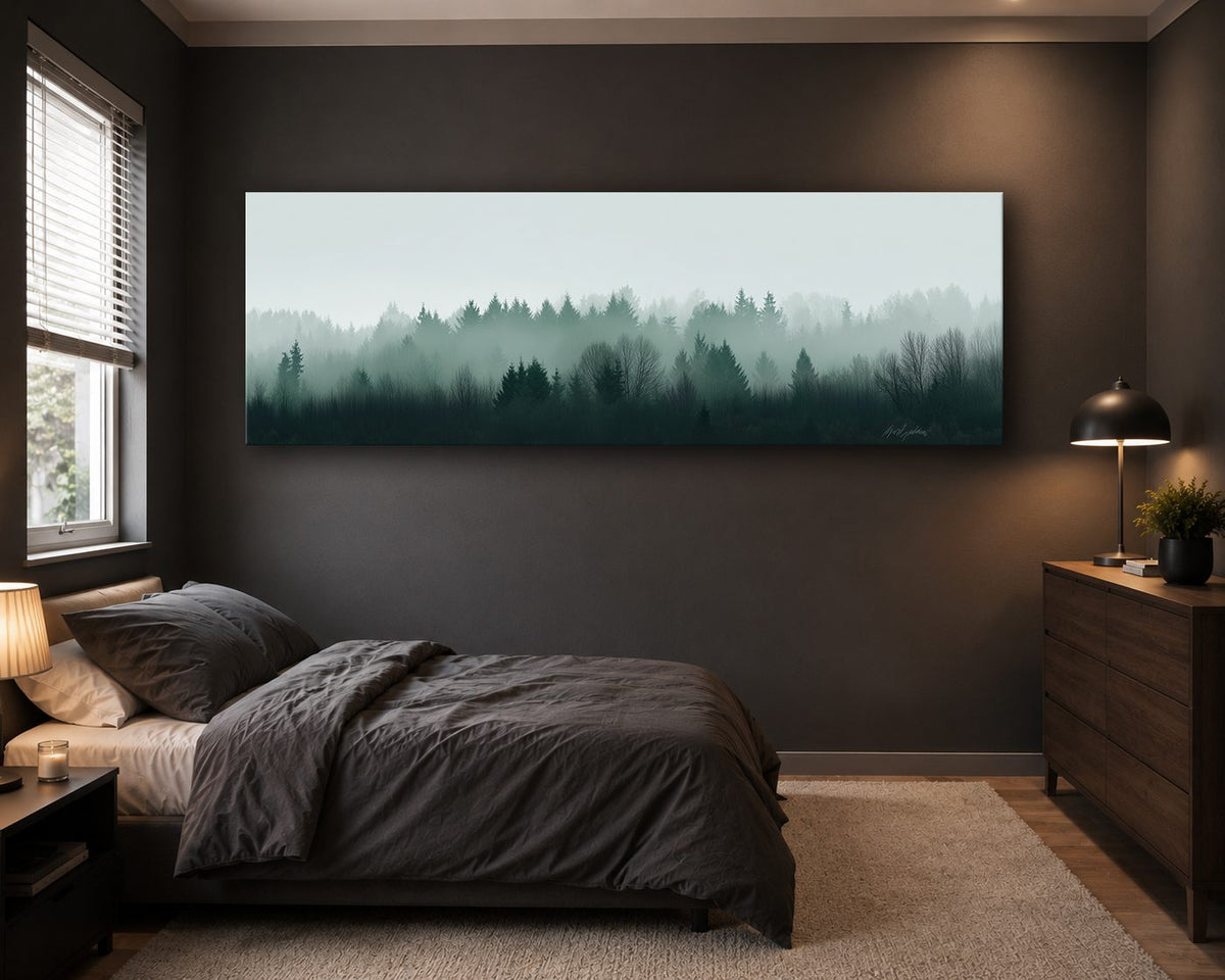 Misty Evergreen Treeline canvas wall art, unframed canvas