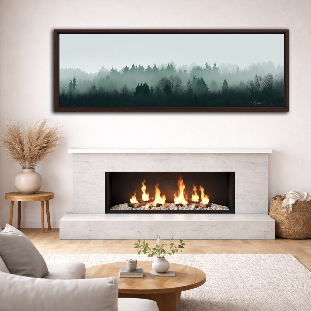 Misty Evergreen Treeline canvas wall art, walnut floating frame