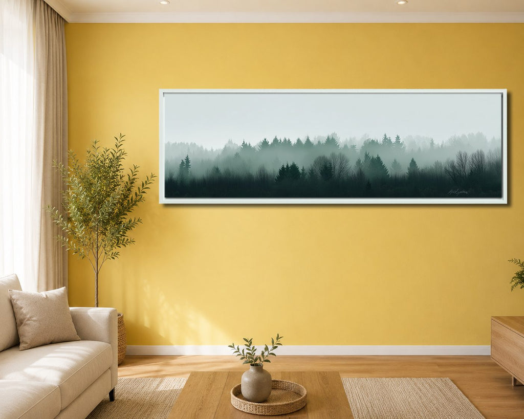 Misty Evergreen Treeline canvas wall art, white floating frame