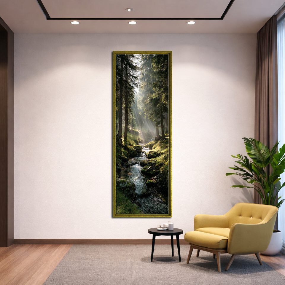 Misty Forest Stream with Sunbeams canvas wall art, gold floating frame