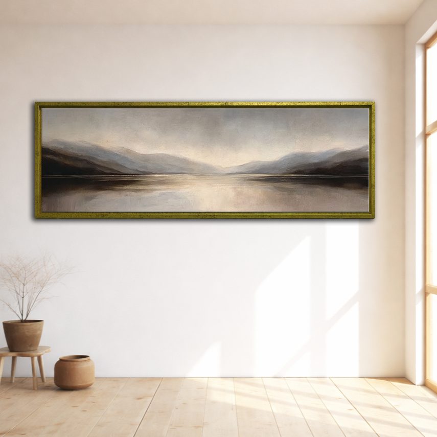 Misty Gray Lake and Mountains canvas wall art, gold floating frame