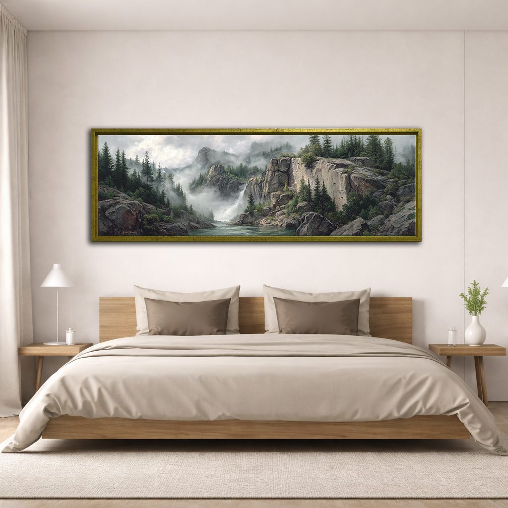Misty Mountain Waterfall Forest canvas wall art, antique gold floating frame