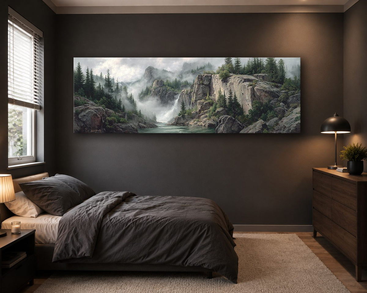 Misty Mountain Waterfall Forest canvas wall art, unframed canvas
