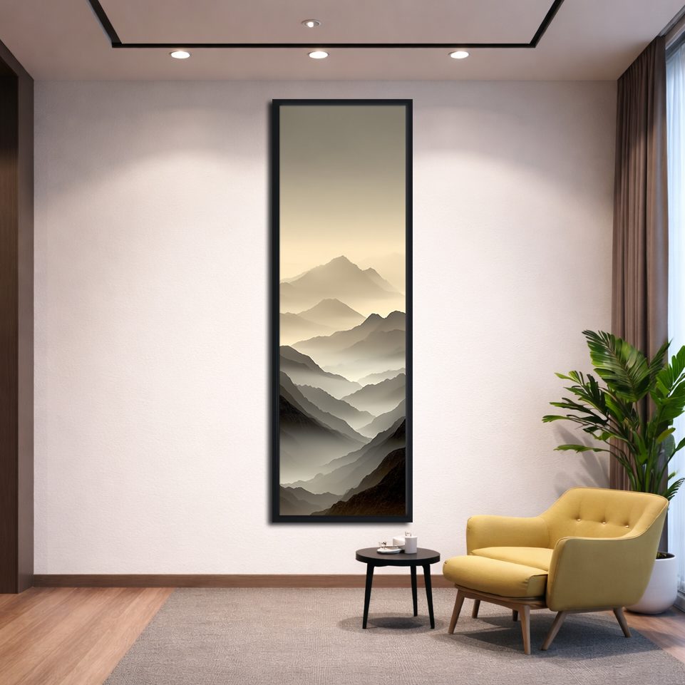 Misty Neutral Mountain Layers canvas wall art, black floating frame