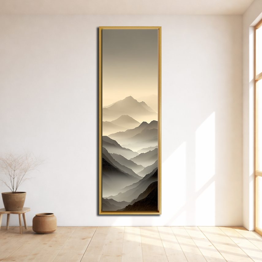 Misty Neutral Mountain Layers canvas wall art, natural wood floating frame