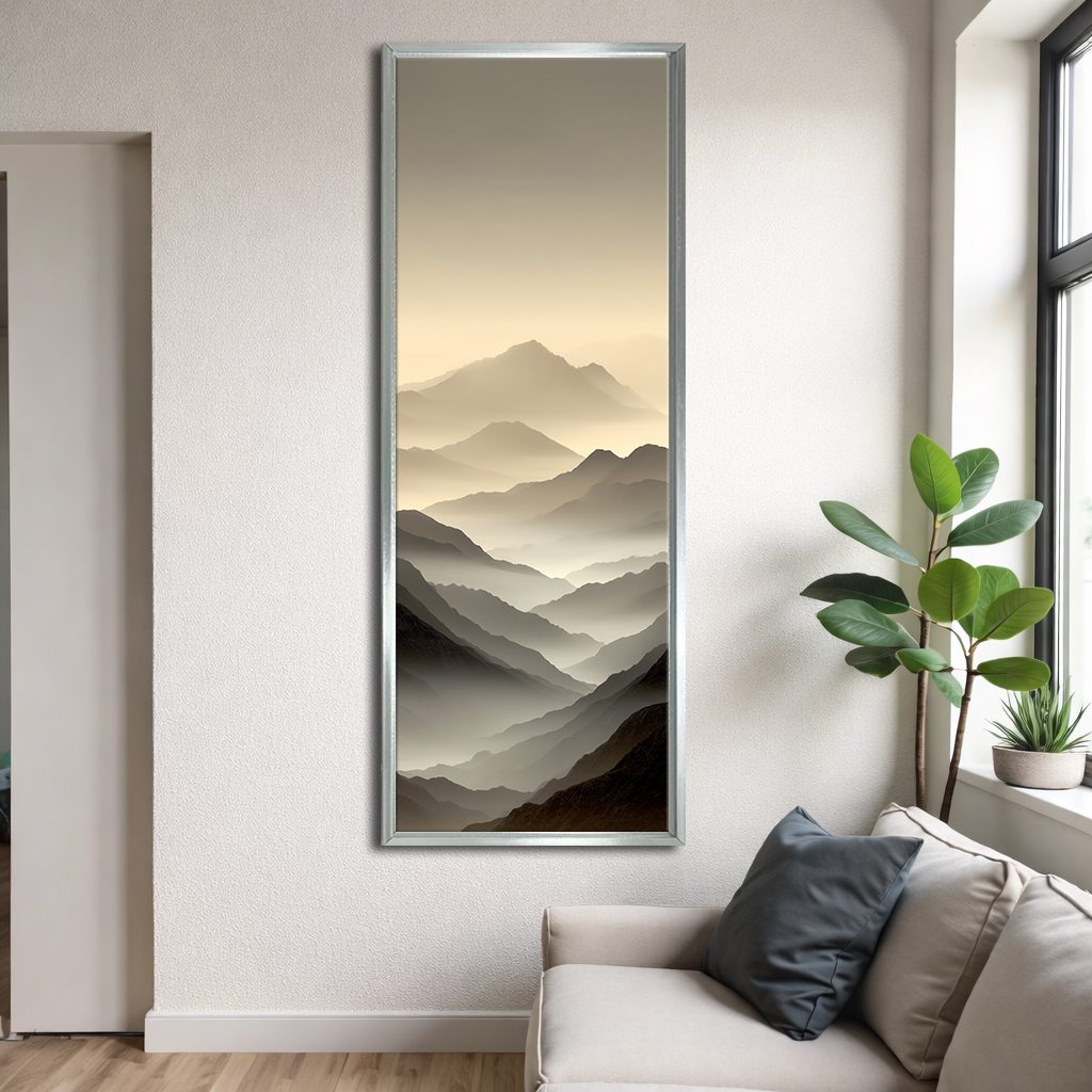 Misty Neutral Mountain Layers canvas wall art, silver floating frame