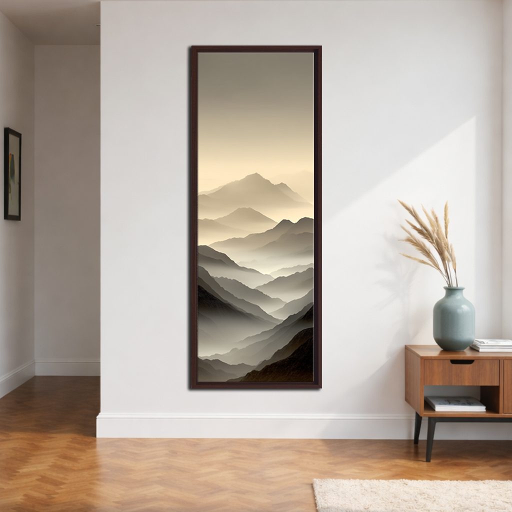 Misty Neutral Mountain Layers canvas wall art, walnut floating frame
