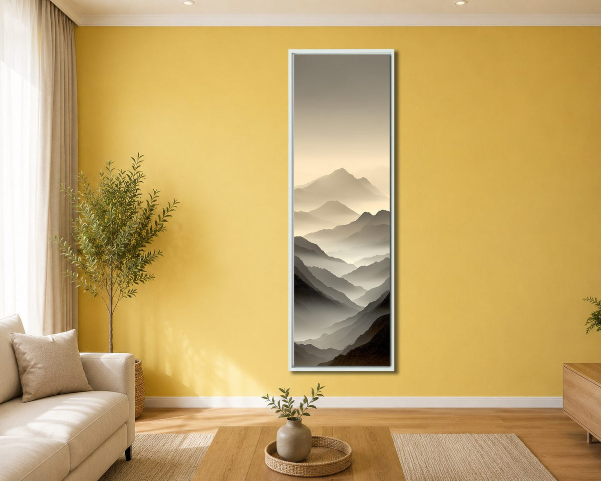 Misty Neutral Mountain Layers canvas wall art, white floating frame