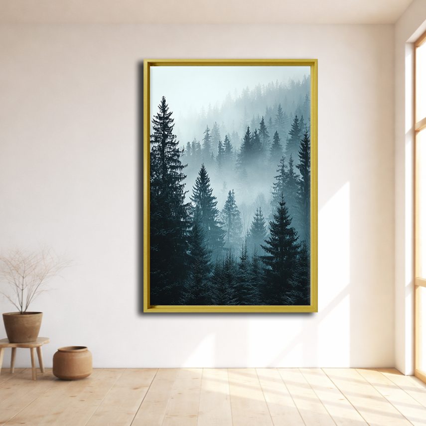 Misty Pine Forest Blue canvas wall art, natural wood floating frame