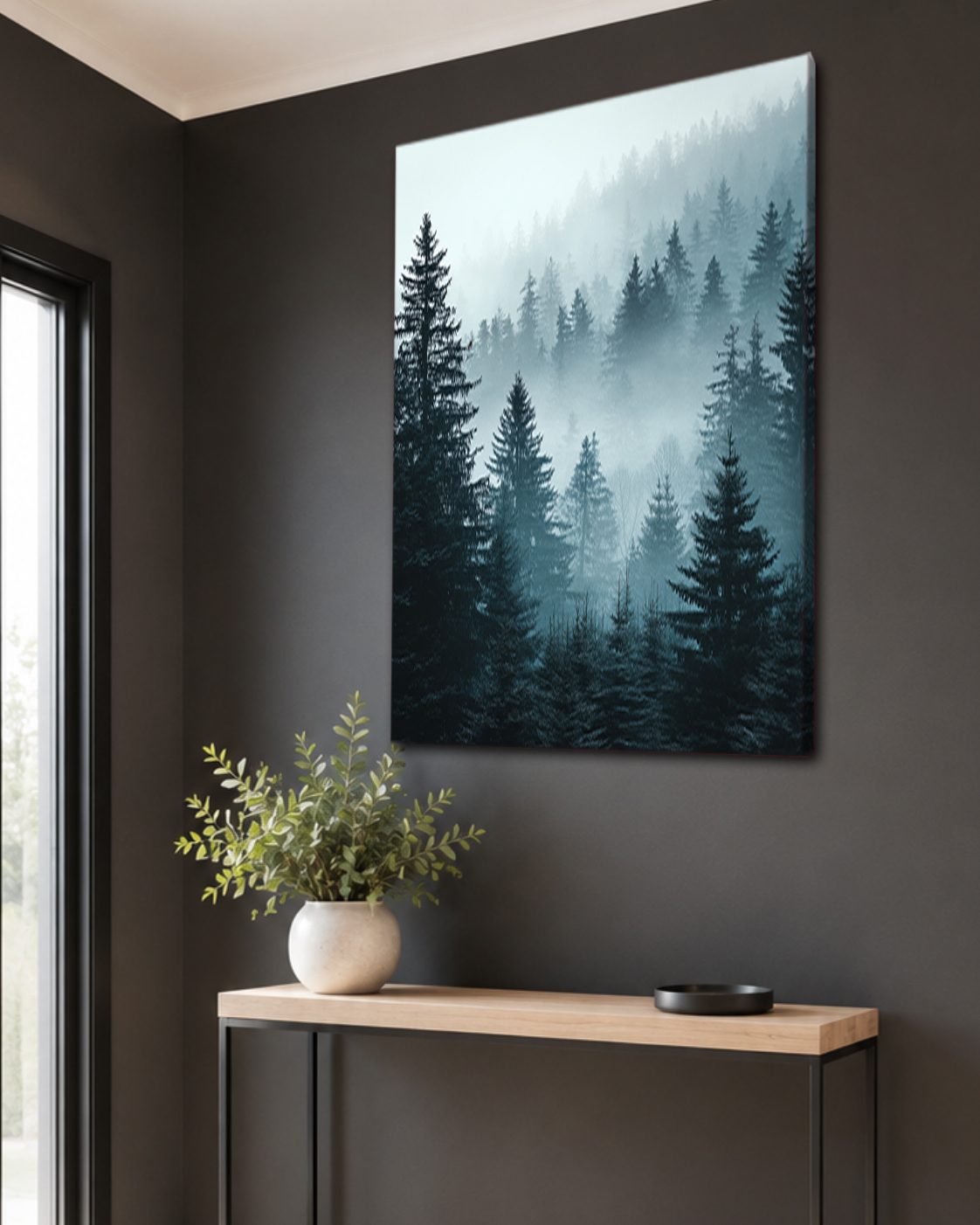 Misty Pine Forest Blue canvas wall art, unframed canvas