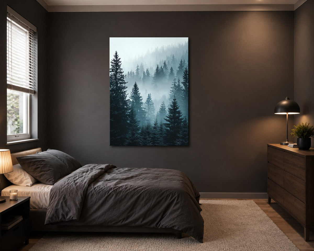 Misty Pine Forest Blue canvas wall art, unframed canvas