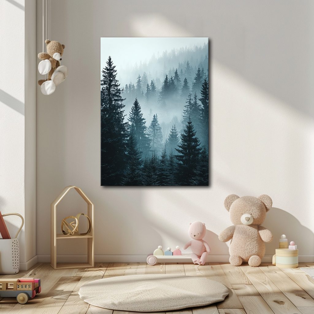 Misty Pine Forest Blue canvas wall art, unframed canvas