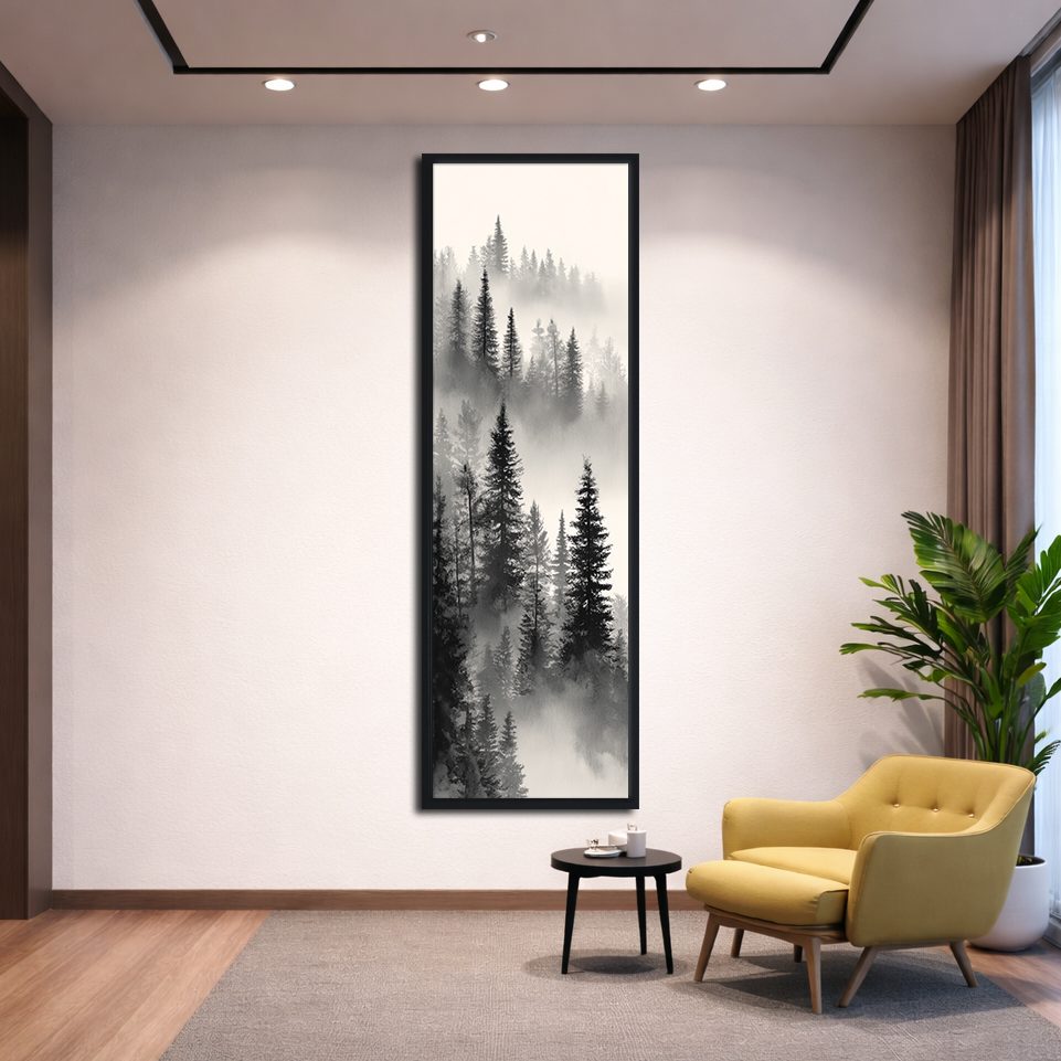 Misty Pine Forest canvas wall art, black floating frame