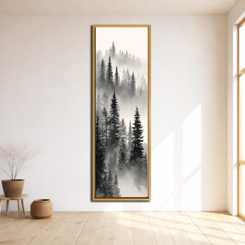 Misty Pine Forest canvas wall art, natural wood floating frame