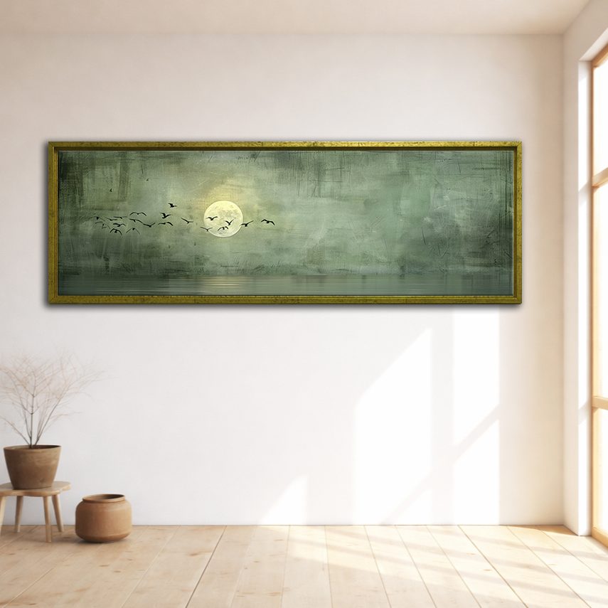 Moon and Birds on Sage Green canvas wall art, gold floating frame