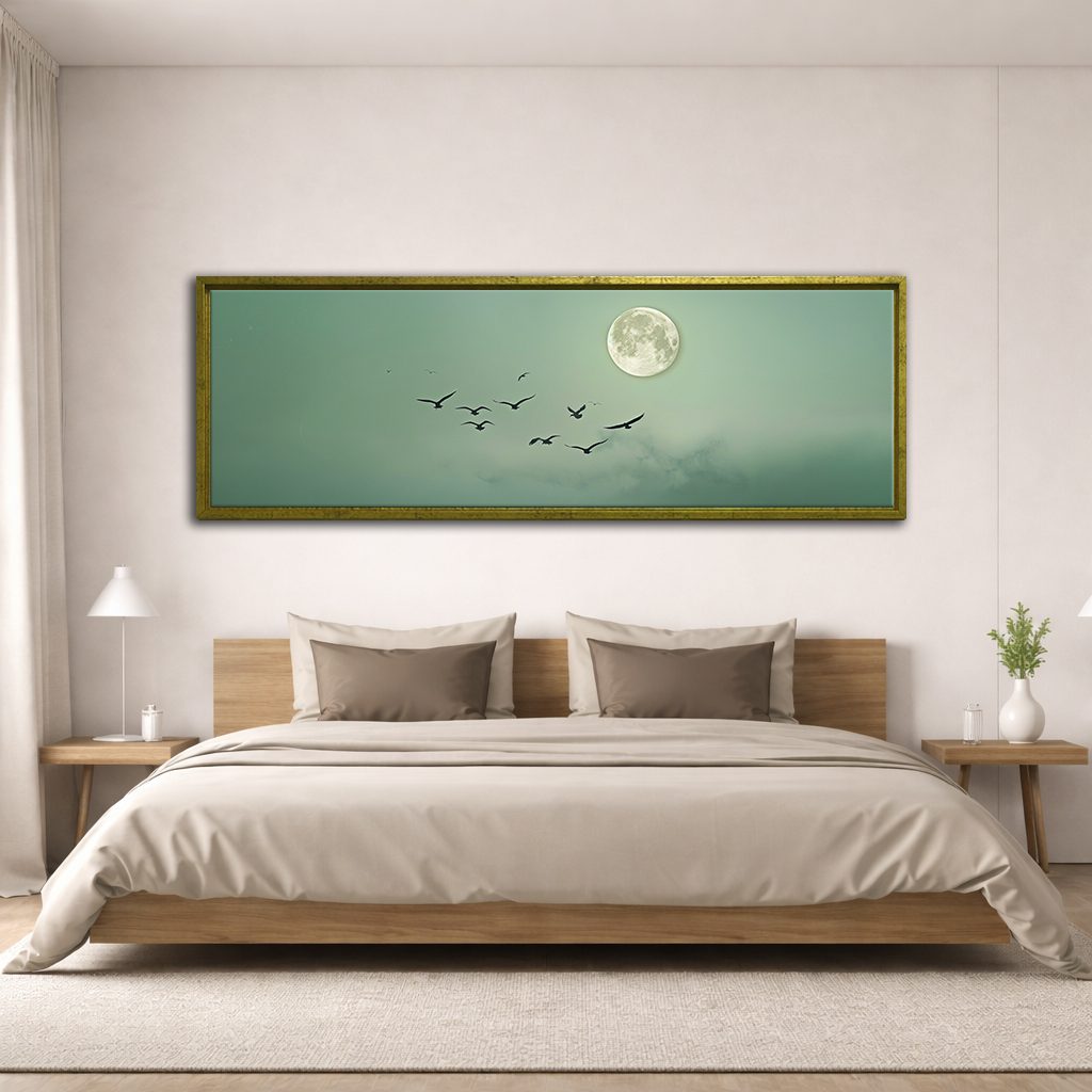 Moon and Flying Birds Mint Sky canvas wall art, antique gold floating frame