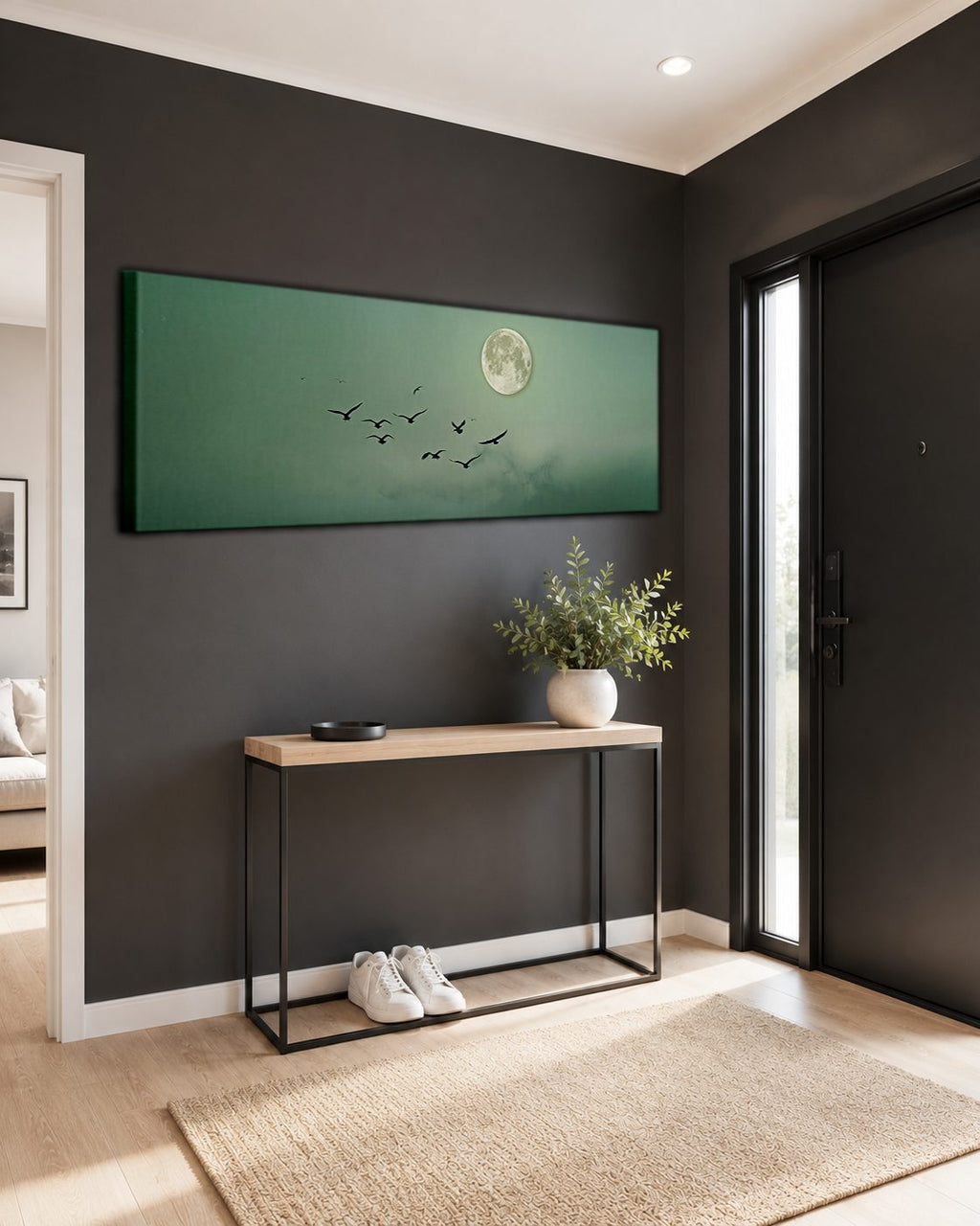 Moon and Flying Birds Mint Sky canvas wall art, unframed canvas