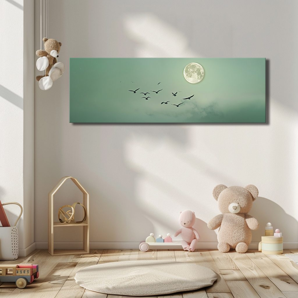 Moon and Flying Birds Mint Sky canvas wall art, unframed canvas