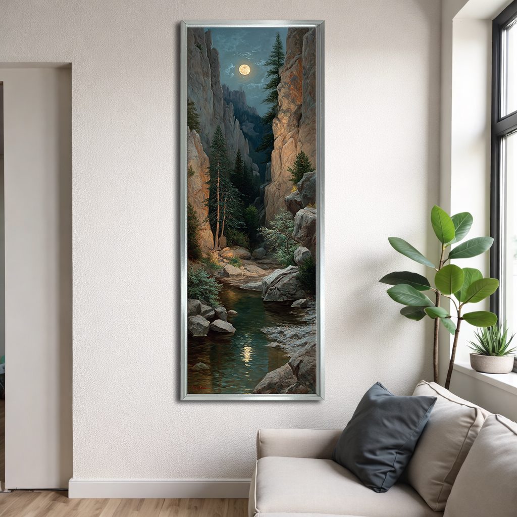 Moonlit Rocky Gorge canvas wall art, silver floating frame