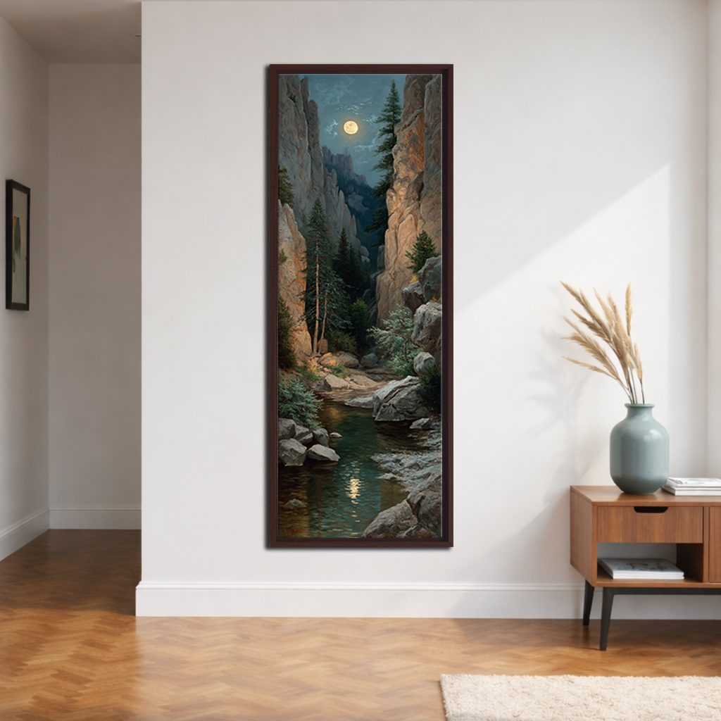 Moonlit Rocky Gorge canvas wall art, walnut floating frame