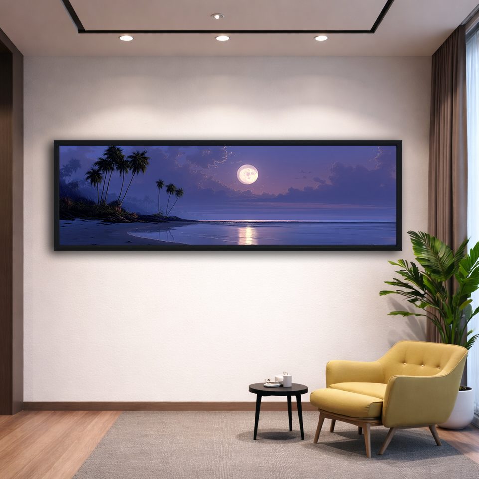 Moonlit Tropical Palm Beach canvas wall art, black floating frame