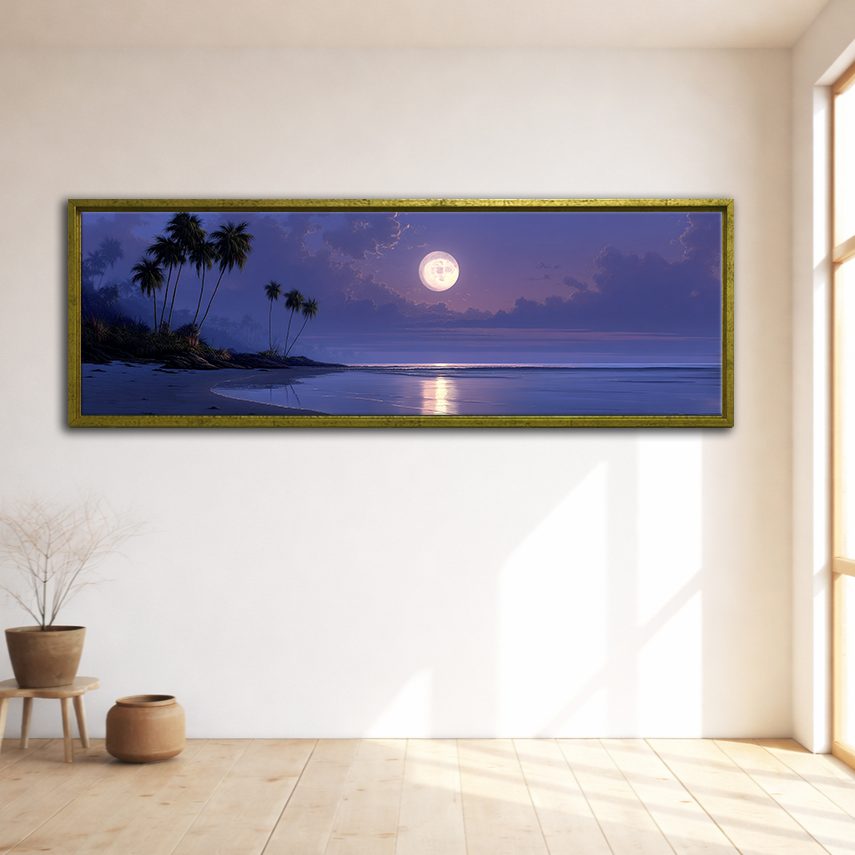 Moonlit Tropical Palm Beach canvas wall art, gold floating frame