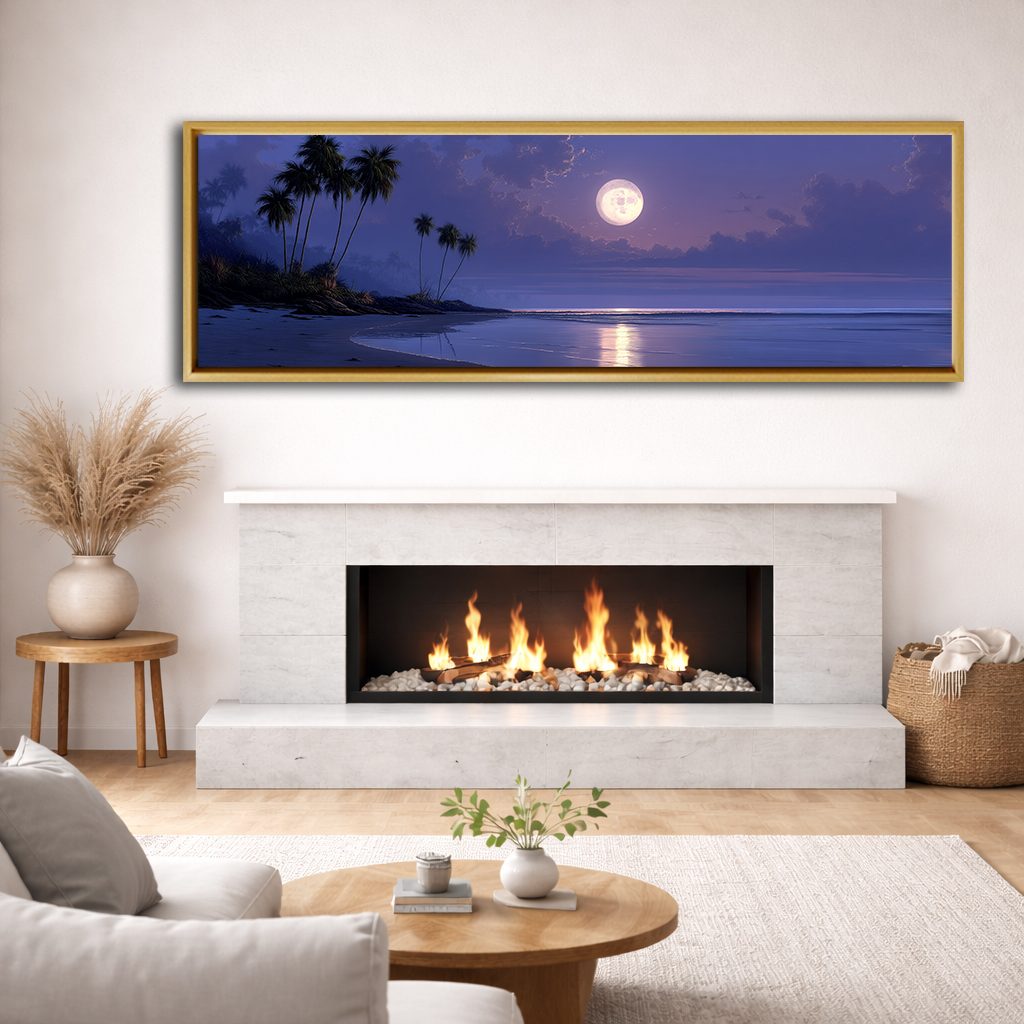 Moonlit Tropical Palm Beach canvas wall art, natural wood floating frame
