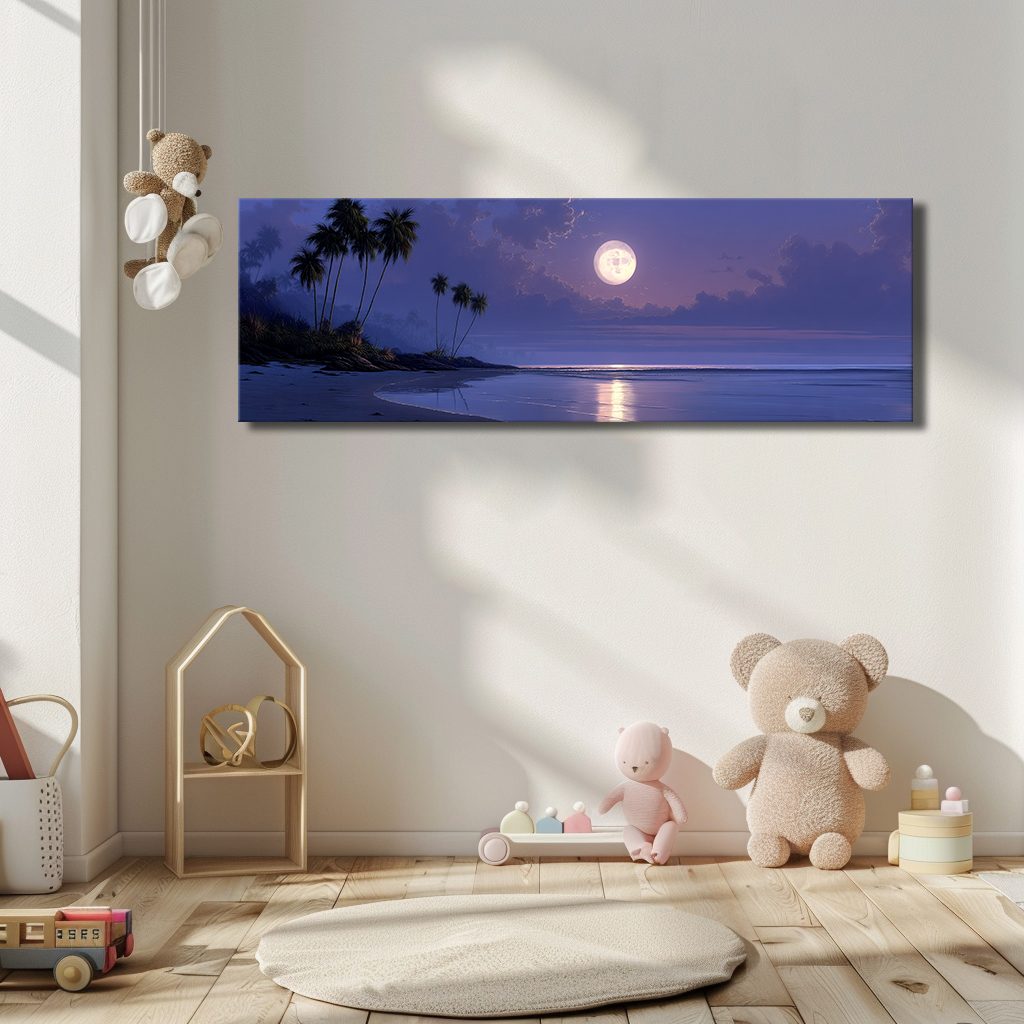 Moonlit Tropical Palm Beach canvas wall art, unframed canvas