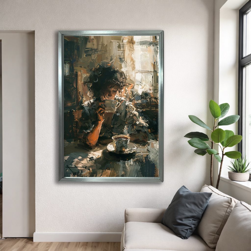 Morning Coffee Impressionist Scene canvas wall art, silver floating frame