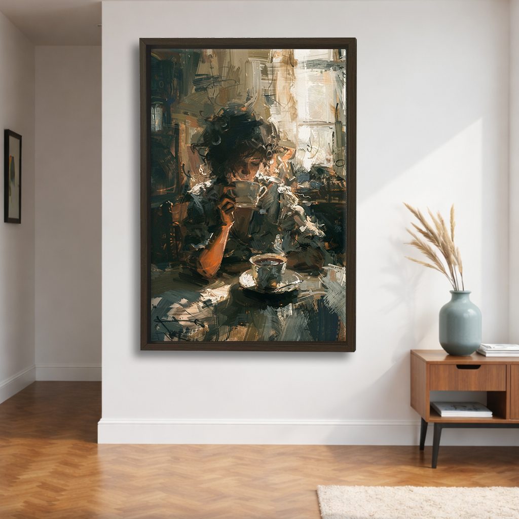 Morning Coffee Impressionist Scene canvas wall art, walnut floating frame