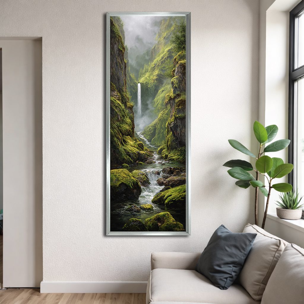 Mossy Waterfall Gorge canvas wall art, silver floating frame