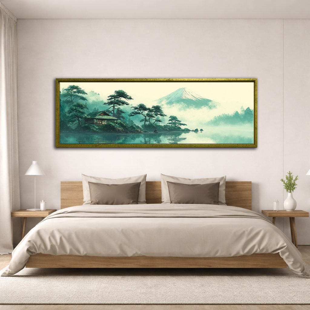 Mount Fuji Teal Japanese Landscape canvas wall art, antique gold floating frame