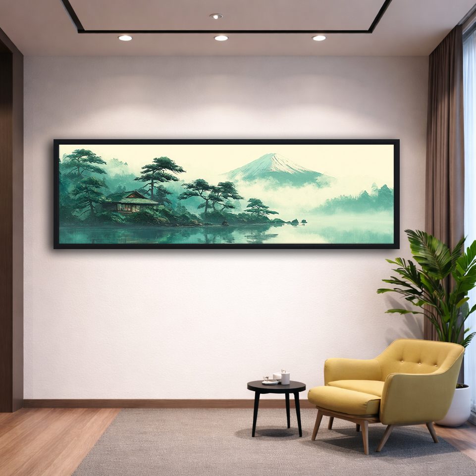 Mount Fuji Teal Japanese Landscape canvas wall art, black floating frame