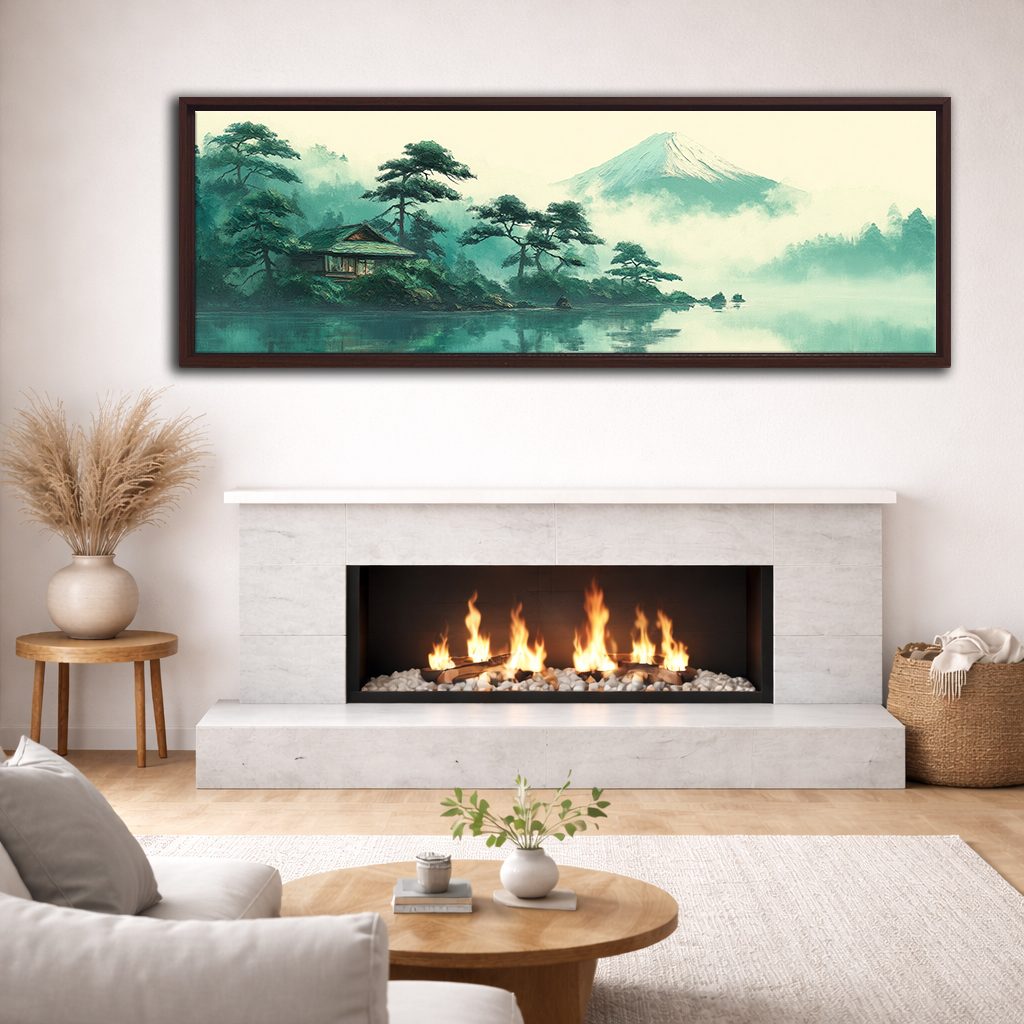 Mount Fuji Teal Japanese Landscape canvas wall art, walnut floating frame