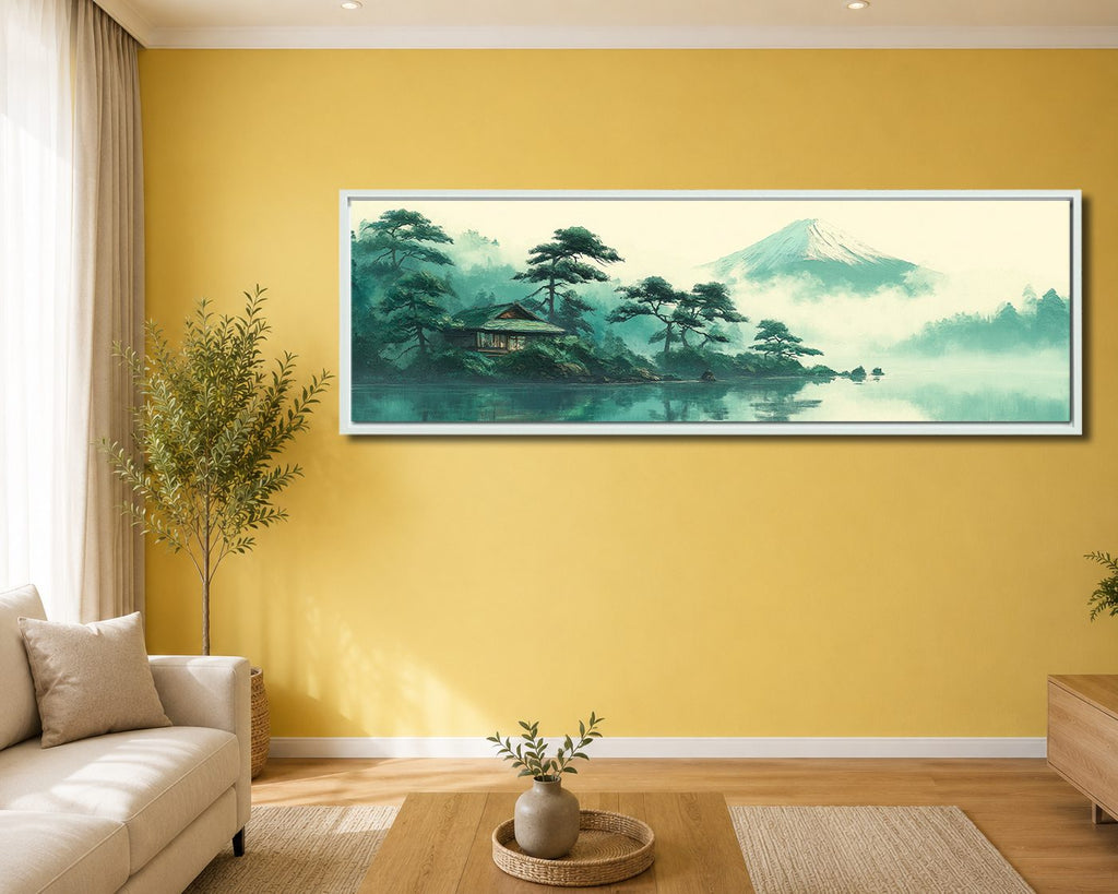 Mount Fuji Teal Japanese Landscape canvas wall art, white floating frame