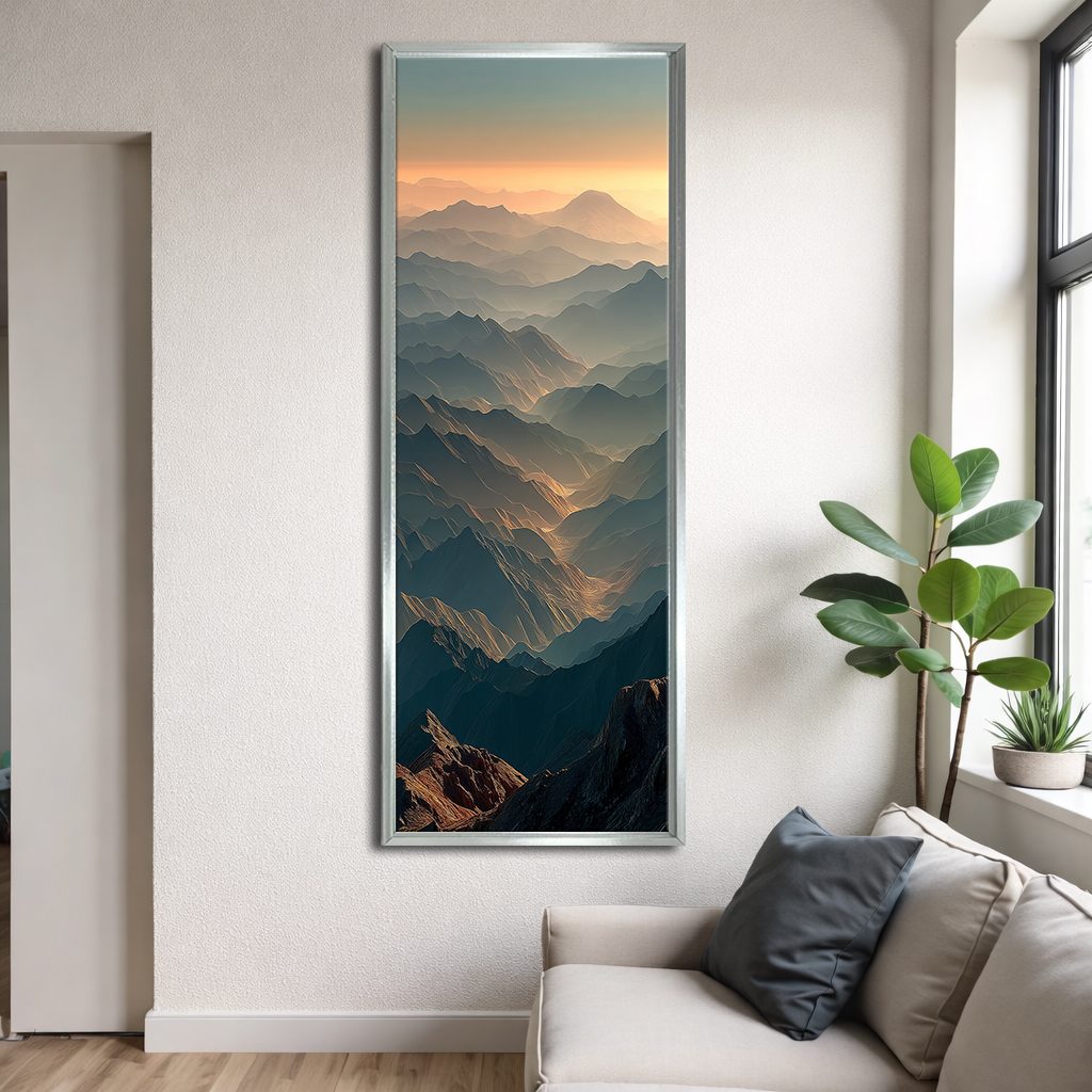 Mountain Ridges at Sunset canvas wall art, silver floating frame