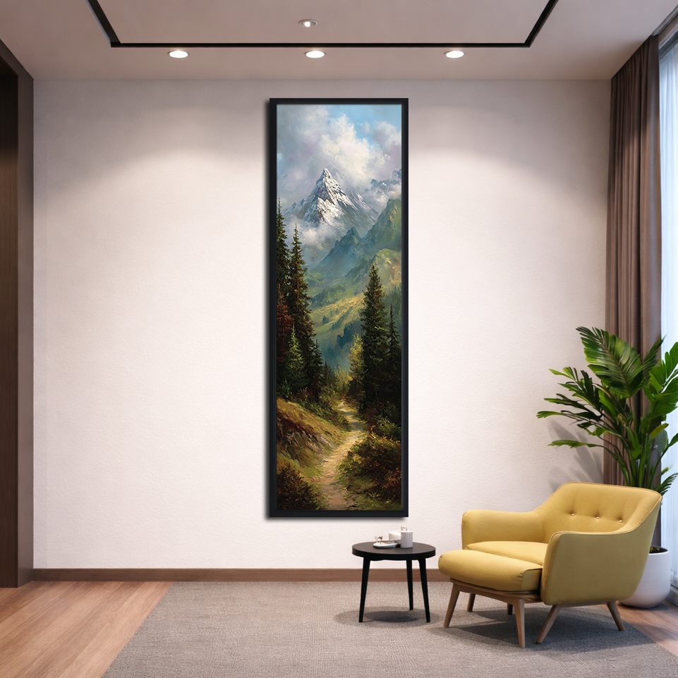 Mountain Valley Forest Trail canvas wall art, black floating frame
